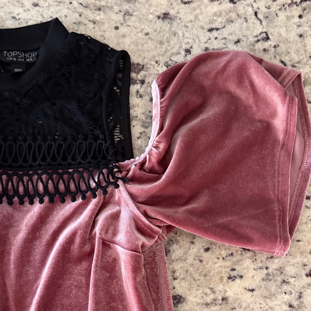 TOPSHOP Rose Pink Velvet Cold-Shoulder Top with Black Lace Yoke - Picture 5 of 8